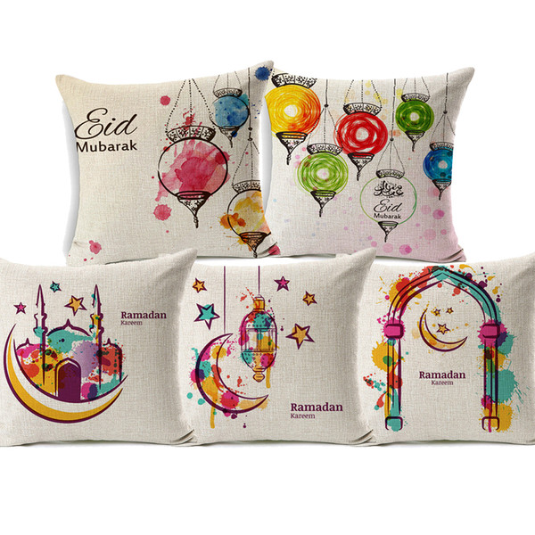 Mid East Ramadan Kareem Eid Mubarak Cushion Covers Watercolor Painting Moon Stars Lantern Mosque Cushion Cover Sofa Beige Linen Pillow Case