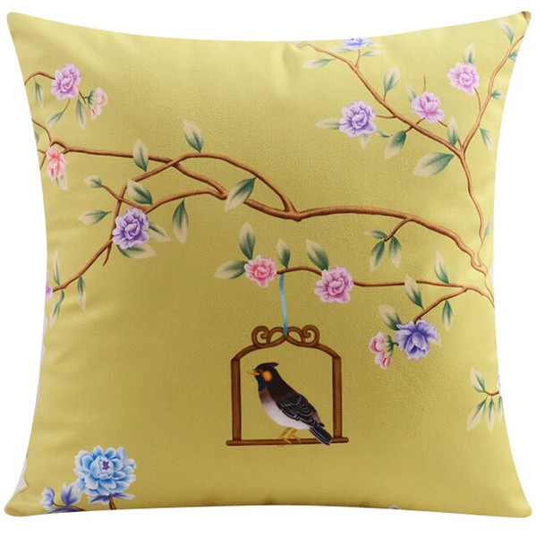 Birds And Flowers Cushion Covers Chinese Style Floral Peony Blossom Tree Bird Cage Cushion Cover High Quality Pillow Case Two Sided Print