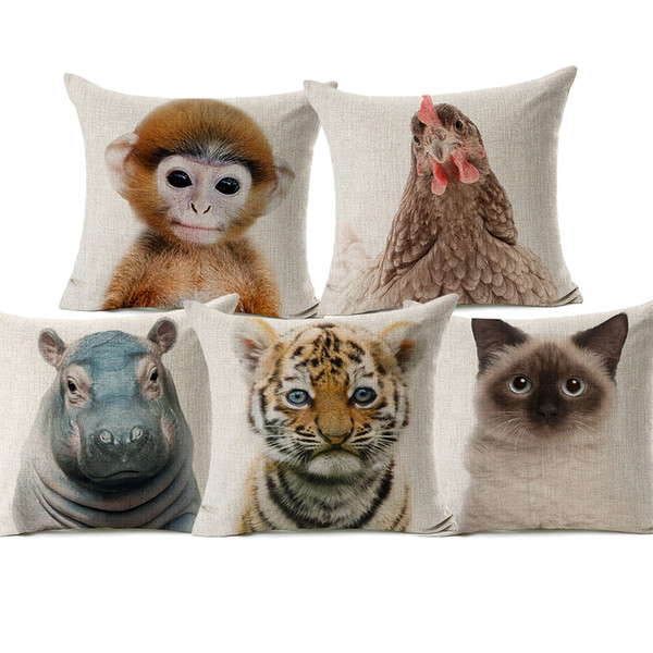 Cute Baby Animals Cushion Covers Money Birman Cat Tiger Elephant Chicken Cushion Cover Decorative Linen Cotton Pillow Case For Bedroom Sofa