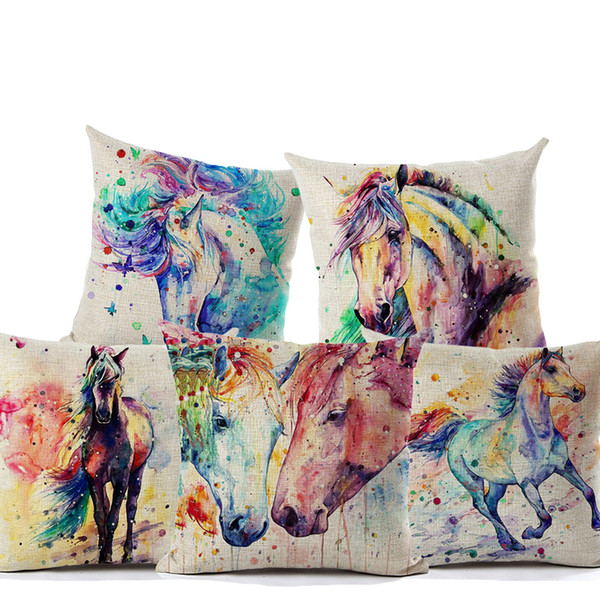 Watercolor Painting Horse Cushion Covers Colorful Animal Galloping Horse Art Cushion Cover Sofa Couch Decorative Linen Cotton Pillow Case