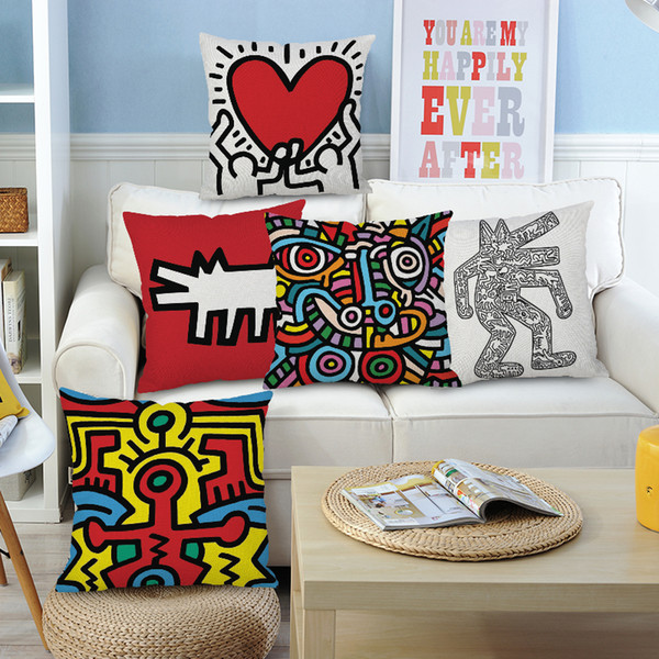 5 Styles Keith Haring Cartoon Paintings Cushion Covers Heart Abstract Art Cushion Cover Modern Home Decorative Linen Pillow Case