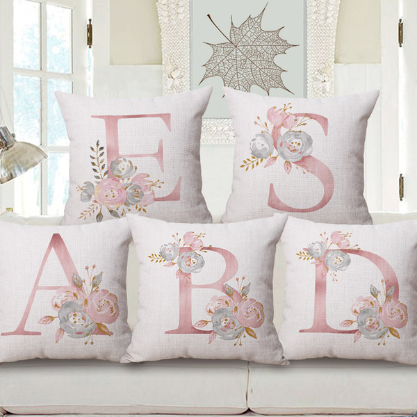 26 English Letters Alphabet Initials Cushion Covers Watercolor Painting Flower Pink KING LOVE HOME Cushion Cover Linen Cotton Pillow Case