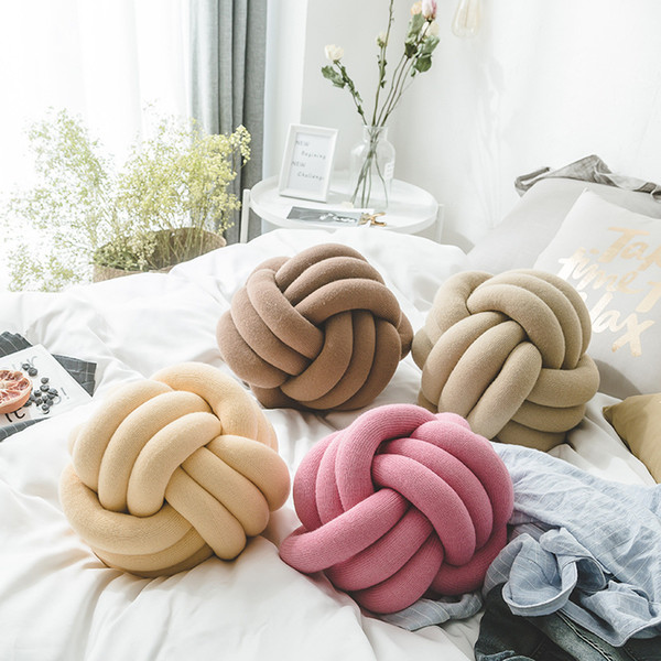 Nordic Trendy Handmade Round Knot Pillow Jersey Knit Decorative Ball Floor Bed Cushion Nursery Decor Kids' Plush Throw Pillow Grey Pink