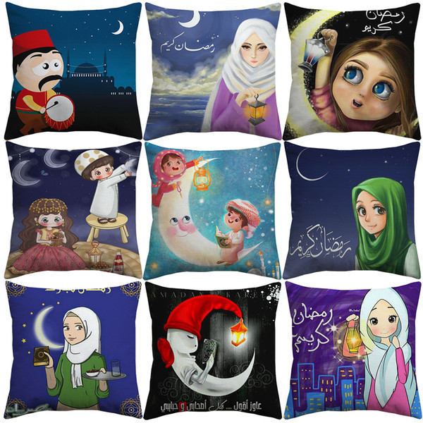 Cartoon Islam Muslim Cushion Covers Middle East Ramadan Moon Lantern Eid Mubarak Cushion Cover Linen Cotton Pillow Case For Bedroom