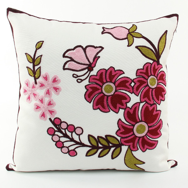 Chinese Style Pink Flower And Butterfly Embroidered Cushion Cover Pastoral Floral Embroidery Cushion Covers Decorative Cotton Pillow Case