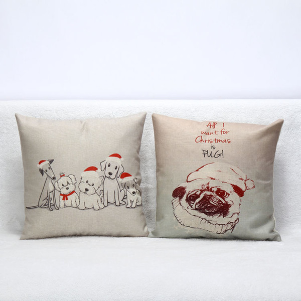 Merry Christmas Cushion Cover Lovely Pug Dog Xmas Hat Cushion Covers Sofa Throw Decorative Linen Pillow Case Present