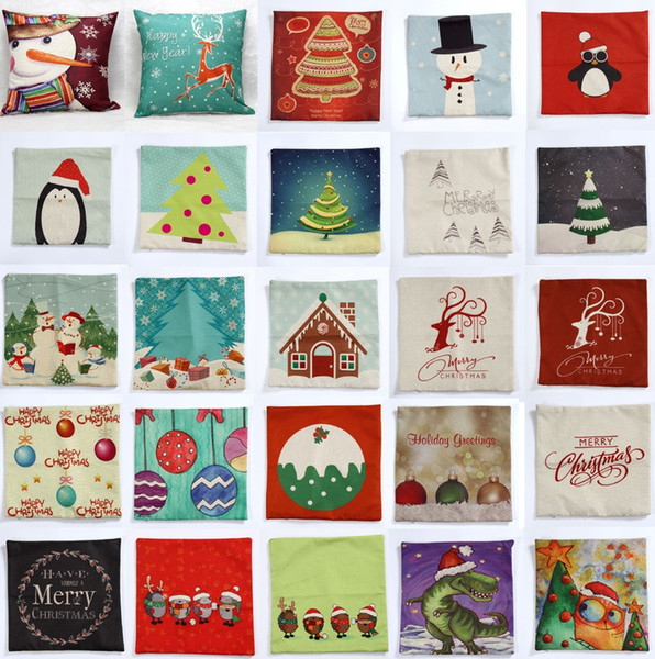 30 Styles Merry Christmas Cushion Cover Xmas Tree Hat Reindeer Snowman Cushion Covers Decorative Beige Linen Pillow Case For Sofa Seat