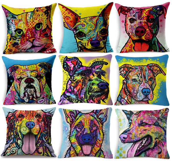 52 Styles Oil Paintings Dogs Cats Cushion Covers Pit Bull Chihuahua Dachshunds Schnauzer Dog Cushion Cover Sofa Seat Linen Pillow Case