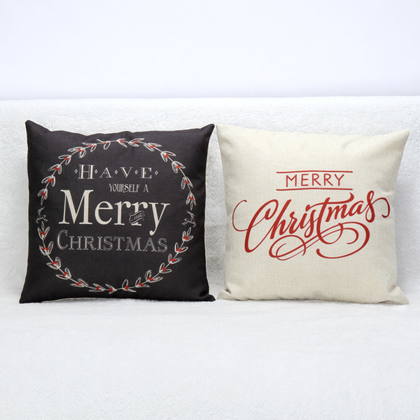 Merry Christmas English Letters Cushion Covers Xmas Reindeer Flower Cushion Cover Sofa Throw Decorative Beige Linen Pillow Case Present