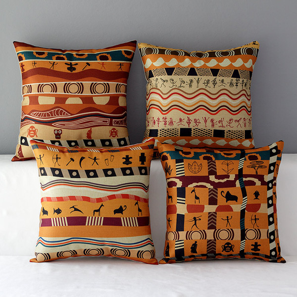 Exotic African Culture Art Cushion Covers Africa Life Animal Geometric Stripes Cushion Cover Decorative Linen Cotton Pillow Case