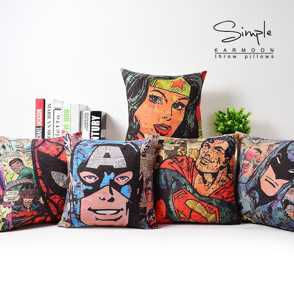 Cut-up Comic Superhero Cushion Cover Vintage Wonder Woman Superman Batman Spider Man Captain America Cushion Covers Beige Linen Pillow Case