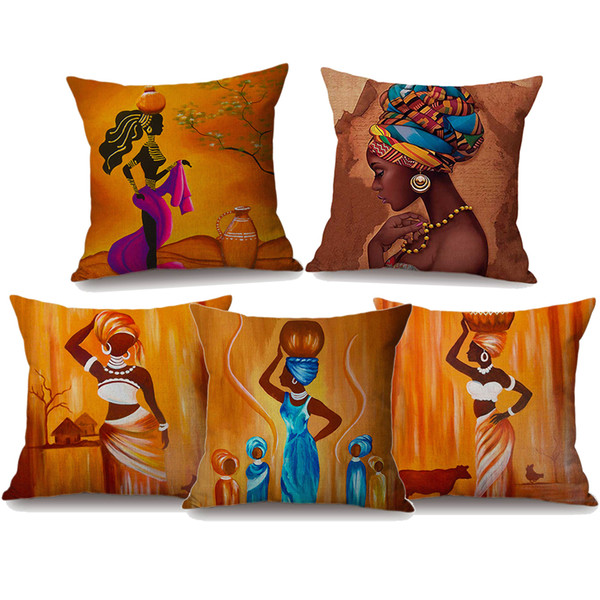 African Oil Painting Lady Girl Art Cushion Covers Fashion Africa Black Women Lifestyle Cushion Cover Linen Cotton Pillow Case For Sofa Couch