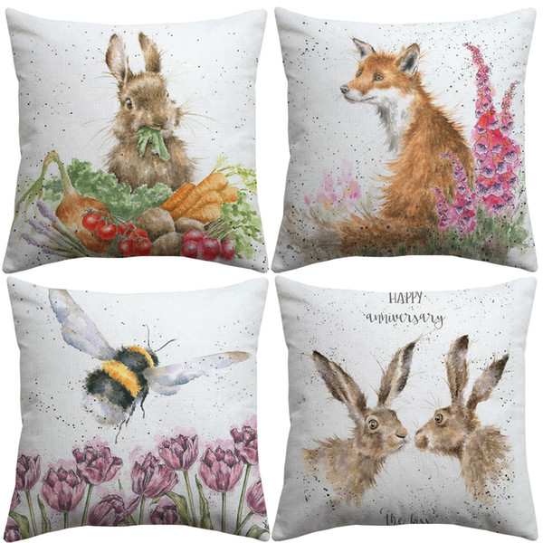 Hand Painting Animals Cushion Covers Bunny Hare Fox Pug Dog Cushion Cover Bedroom Decorative Linen Cotton Pillow Case