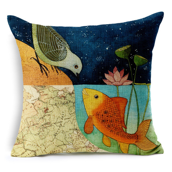 Chinese Style Foral Lotus Map Bird Golden Fish Love Pillow Case Cushion Cover Decorative Sofa Seat Linen Cotton Cushions Pillows Covers