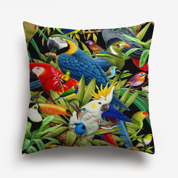 Summer Tropical Birds Parrots In Jungle Woods Cushion Covers Colorful Bird Parrot Decorative Cushion Cover Sofa Throw Linen Pillow Case