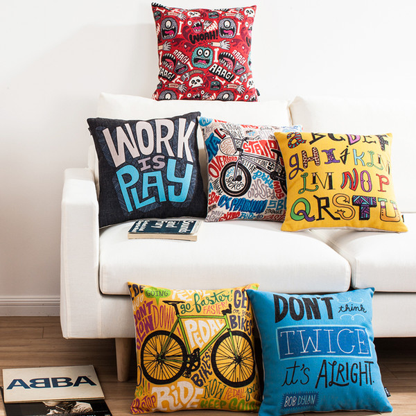 American POP Street Graffiti Bike Bicycle English Letters Art Cushion Cover Decorative Cushions Pillows Covers Linen Cotton Pillow Case