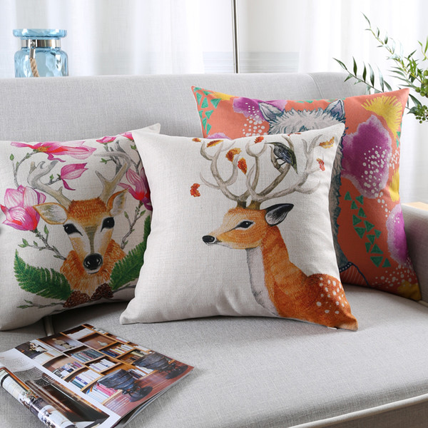 Nordic Watercolor Flowers Animals Cushion Covers Deer Stag Cat Dog Bulldog Grass Mud Horse Fox Pillowcase Linen Cotton Cushions Pillow Cover