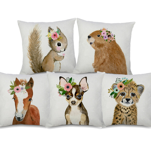 17 Styles Hand Painting Cute Animals Flower Cushion Covers Dog Cat Fox Horse Hedgehog Deer Squirrel Horse Cushion Cover Linen Pillow Case