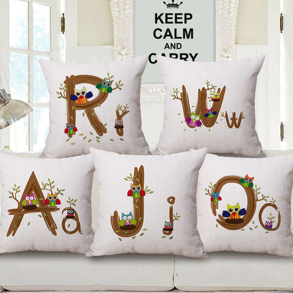 Cartoon English Letters Alphabets Cushion Covers Woods Tree Branch Baby Name Initial Bird Owl Cushion Cover Linen Cotton Pillow Case Gift