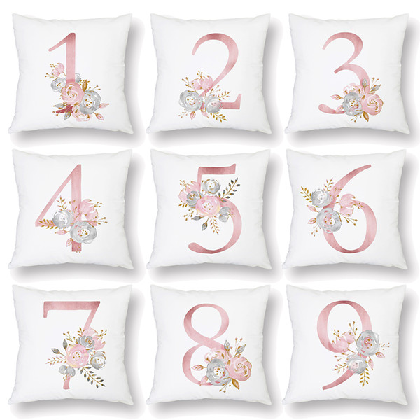 Arabic Numbers Cushion Covers Watercolor Pink Floral Family Baby Friends Birthday Date Lucky Number Cushion Cover White Soft Pillow Case