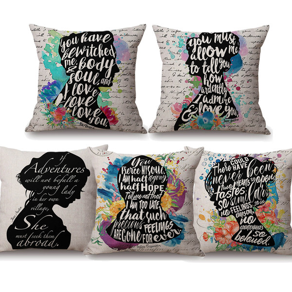 Floral Jane Austen Quotation Letter Art Cushion Covers Nordic Masterpiece Cushion Cover Decorative Linen Cotton Pillow Case For Sofa Couch