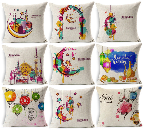 Ramadan Kareem Eid Mubarak Cushion Cover Watercolor Painting Moon Stars Lantern Mosque Cushion Covers Decorative Linen Cotton Pillow Case