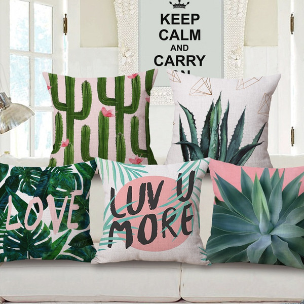 Monstera Green Leaves Cushion Covers Geometric Art Tropical Plants Cactus Cushion Cover Sofa Throw Decorative Linen Cotton Pillow Case