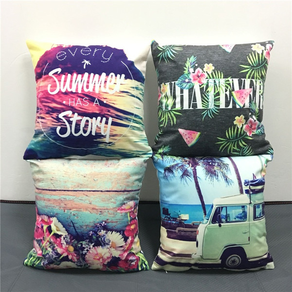 Summer Beach Style Cushion Cover Flowers Palm Tree Watermelon Sun Bus Pillows Cushions Covers Decorative Soft Short Plush Pillow Case