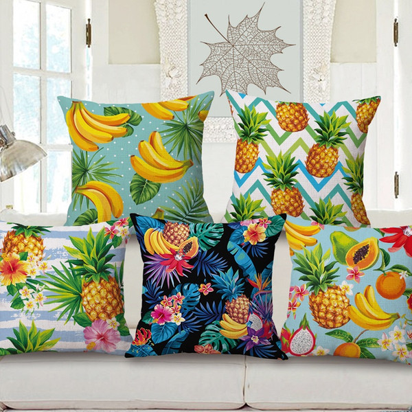 Fruit Banana Pineapple pitaya Cushion Cover Tropical Plants Green Monstera Leaves Flower Cushion Covers Sofa Throws Linen Cotton Pillow Case