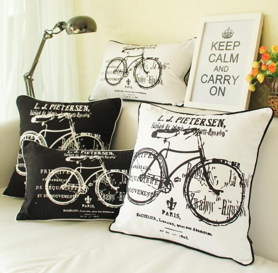 Hand Drawn Bike Bicycle Cushion Cover Black And White European Vintage Retro Style Cushions Covers Decorative Pillow Case For Car Sofa Couch