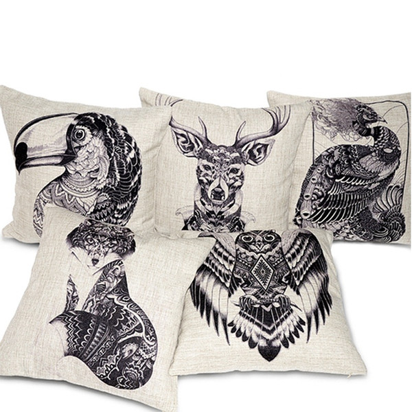 Indian Totem Animals Cushion Covers Hand Drawn Fox Deer Bird Toucan Peacock Pillow Cover Decorative Linen Cotton Pillow Case For Sofa Seat