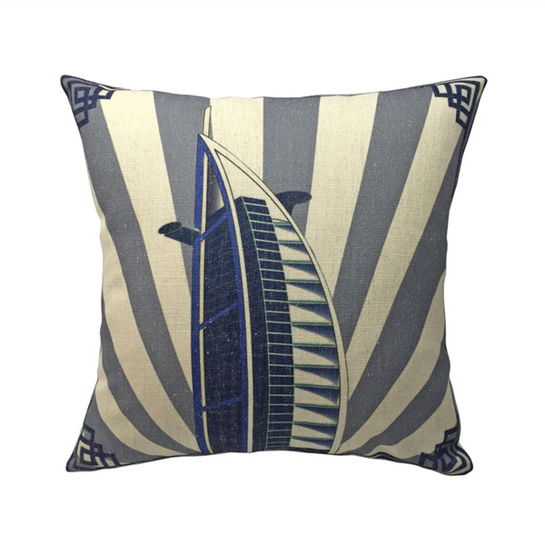 Burj Al Arab Building Digital Print Linen Like Blue Gold Designer Cushion Cover Home Decorative Pillow Case Office Sofa Chair 45x45 cm