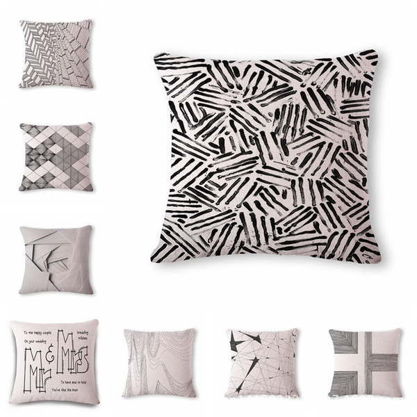 Hand Black And White Line Pattern Cotton Flax Pillow Back Cushion Cushion Can Customized