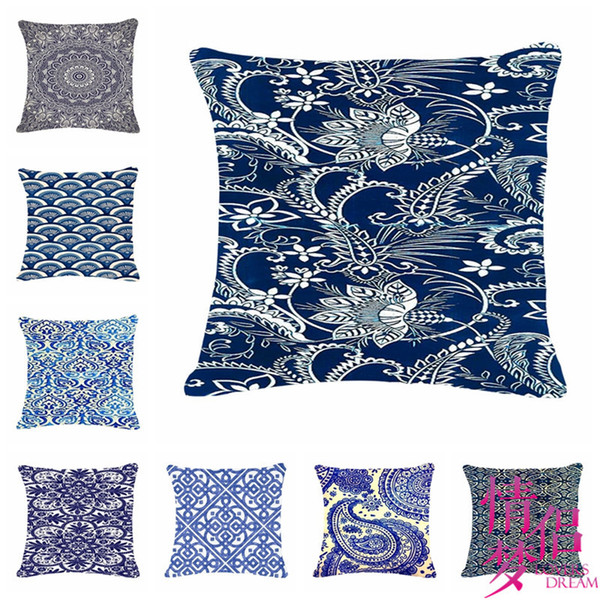 Blue And White Porcelain Cotton Flax Pillow Back Cushion