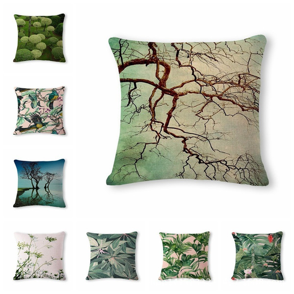 Green Fresh Botany Pattern Cotton Flax Pillow Back Cushion