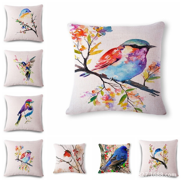 Watercolor Bird Pattern Cotton Flax Pillow Back Cushion Cushion Can Customized