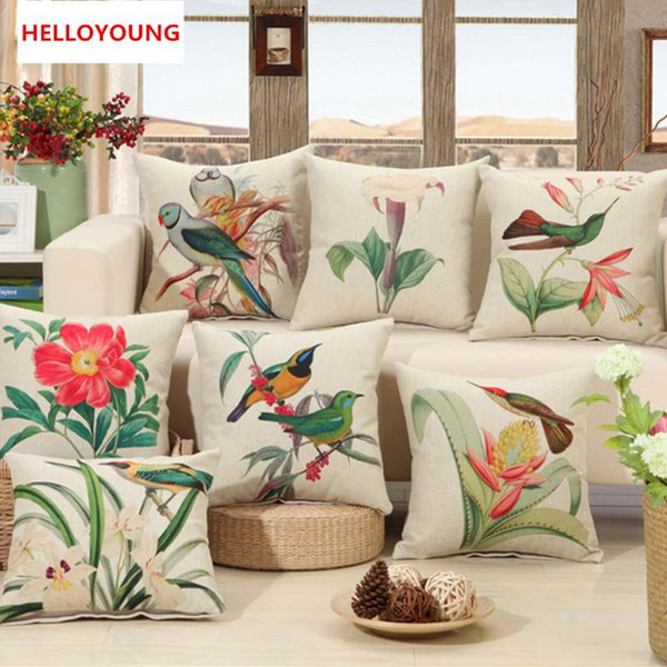 BZ005 Luxury Cushion Cover Pillow Case Country Birds Print Cushions Design Flower Linen Cotton Sofa Car Seat