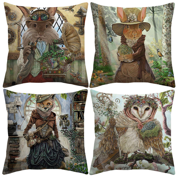 5 Styles Fair Tale Alice in Wonderland Cushion Covers Bunny Cat Owl Fox Art Drawing Cushion Cover Linen Pillow Case For Kids Bedroom