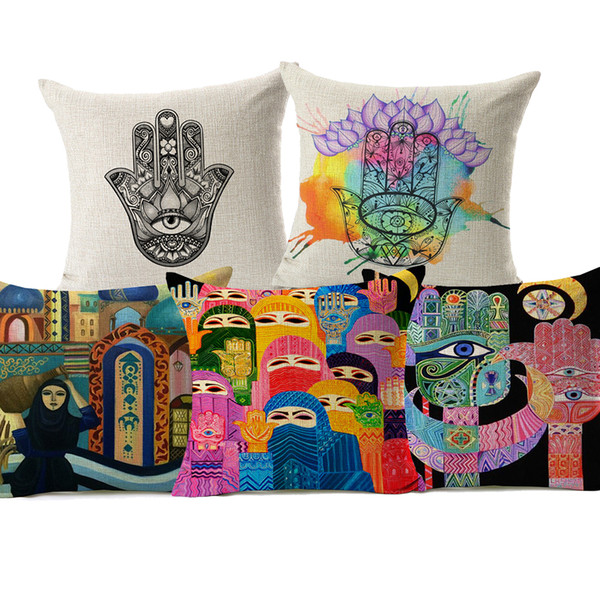 Hamsa Khamsah Hand Cushion Cover the Middle East Jew Muslim Hand of Fatima Culture Art Luck Cushion Covers Linen Pillow Case