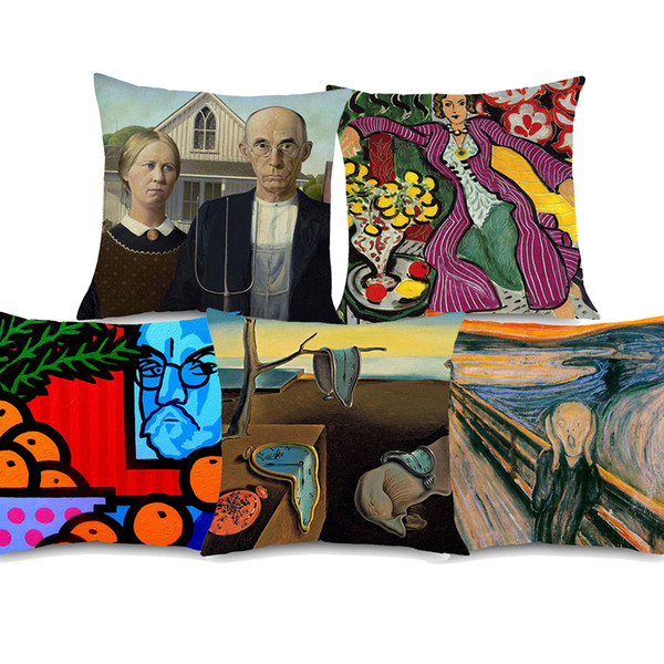 5 Styles World Famous Paintings Cushion Covers American Gothic Persistence of Memory Cushion Cover Sofa Linen Pillow Case