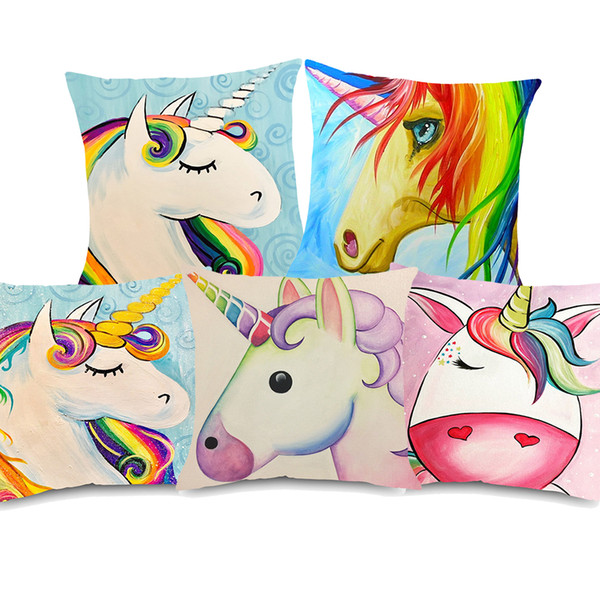 6 Styles Watercolor Painting Unicorn Cushion Covers Rainbow Color Cartoon Lucky Animal Cushion Cover Decorative Linen Pillow Case For Kids