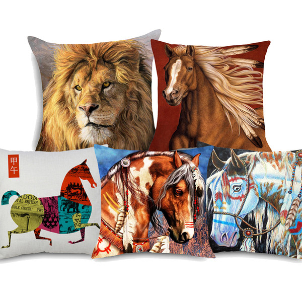 5 Styles Indian War Horses Cushion Covers Wild Animal Horse Lion Art Cushion Cover Bedroom Decorative Linen Pillow Case For Sofa Couch