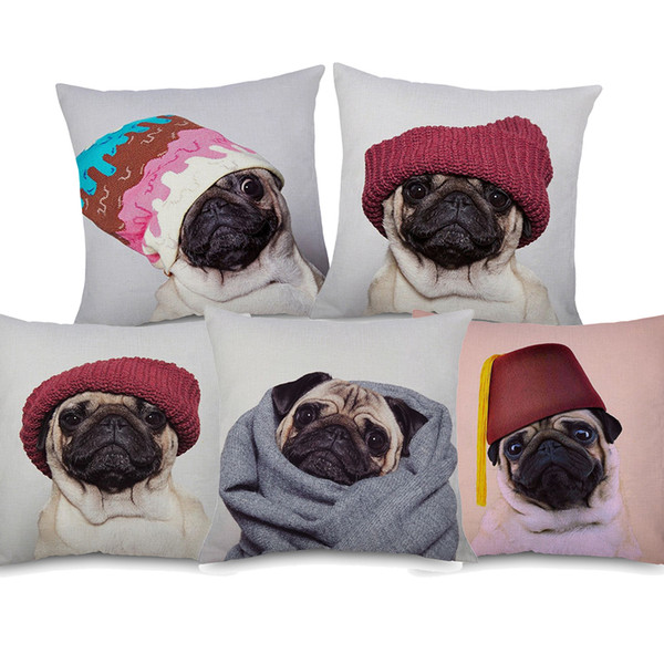 6 Styles Cute Animal Pet Dogs Cosplay Cushion Covers Pug Dog With Hat Decorative Cushion Cover Linen Pillow Case For Sofa Couch Seat