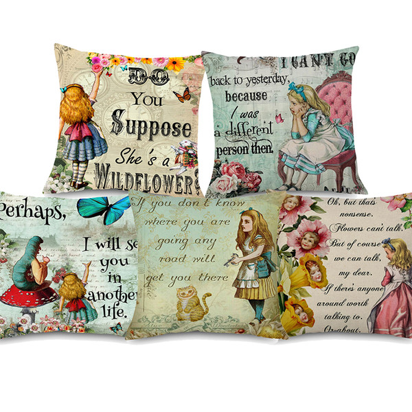 11 Styles Fair Tale Alice in Wonderland Cushion Covers Cartoon Retro Vintage Painting Bunny Flowers Cushion Cover Sofa Linen Pillow Case