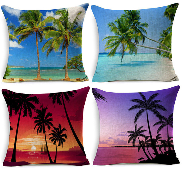 5 Styles Palm Tree Cushion Covers Tropical Summer Sea Beach Scenic Sun Rise Art Cushion Cover Sofa Couch Decorative Linen Pillow Case