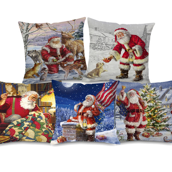 8 Styles Merry Christmas Cushion Covers Vintage Oil Painting Santa Claus Christmas Tree Reindeer Cushion Cover Sofa Linen Pillow Case