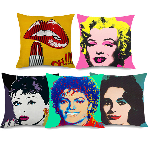 5 Styles American POP Art Cushion Covers Marilyn Monroe Audrey Hepburn Elizabeth Taylor Michael Jackson Cushion Cover Linen Pillow Case