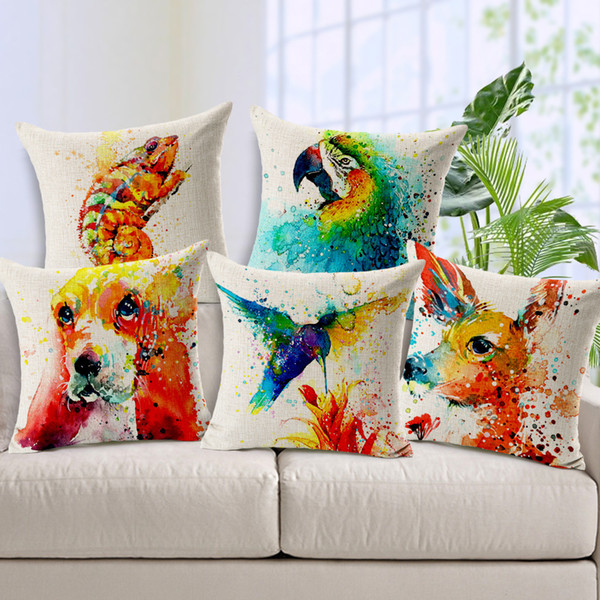 Splash-ink Painting Animals Cushion Covers Watercolor Bulldog Hummingbird Bird Dog Frog Cushion Cover Decorative Linen Cotton Pillow Case