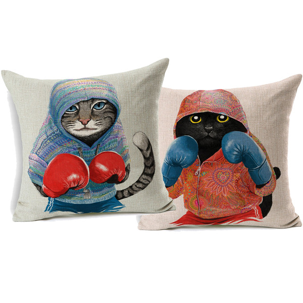 2 Styles Cartoon Boxing Cats Cushion Covers Lovely Cat Fight Cushion Cover Home Decorative Beige Linen Pillow Case For Sofa Couch Seat