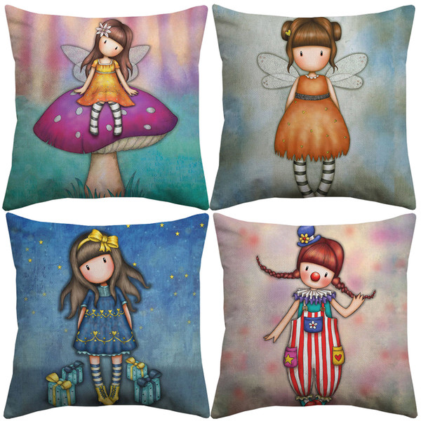 Cartoon Little Girl Cushion Covers Oil Painting Cute Lovely Girls Cushion Cover Baby Kids Children Bedroom Linen Cotton Pillow Case